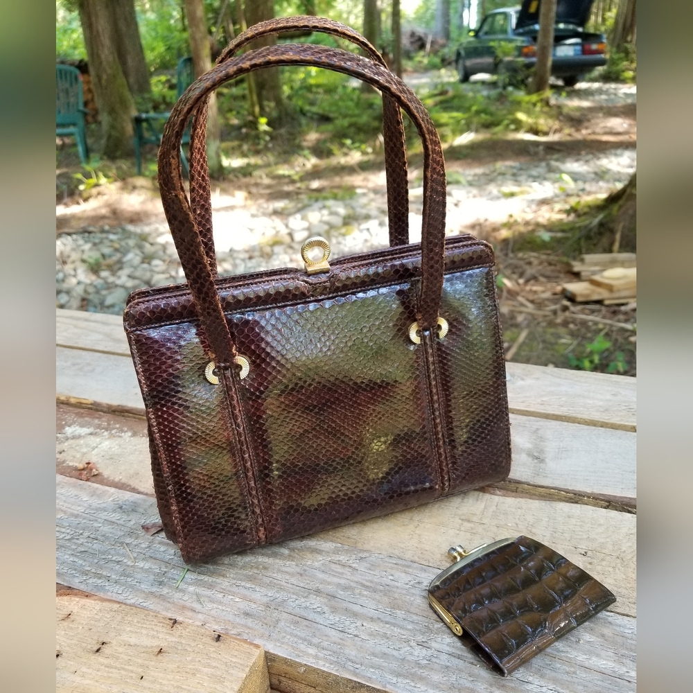 Snakeskin Purse & Coinbag Judith Leiber Coach Clasp Handles Brown Gold Leather